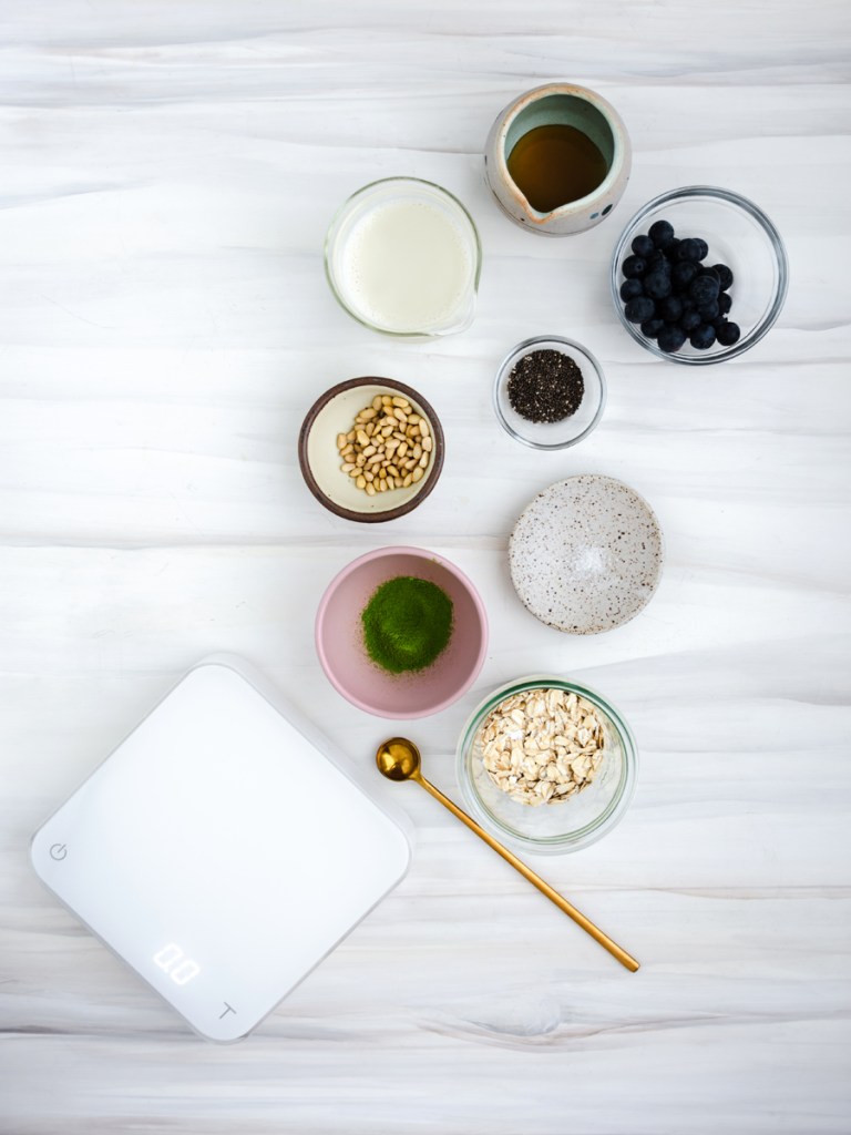 a layout of ingredients for matcha overnight oats